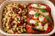 Aubergines à la parmesane et salade tiède de haricots blanc